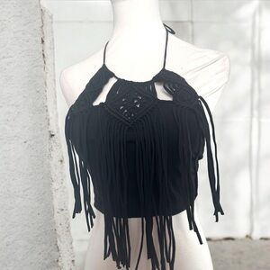 NWT Black Fringe Halter Top festival XS goth western